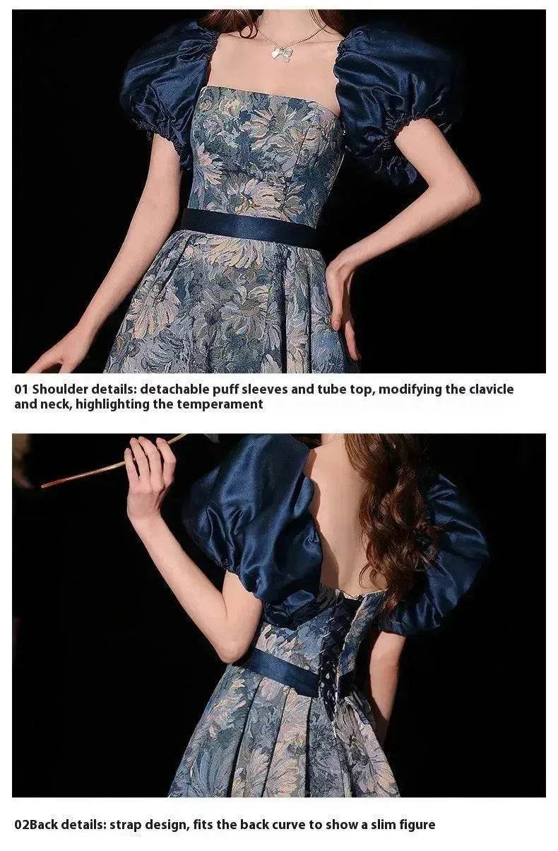 Robe de soirée bustier bleue style tableau princesse luxueuse avec jupe en forme de bol