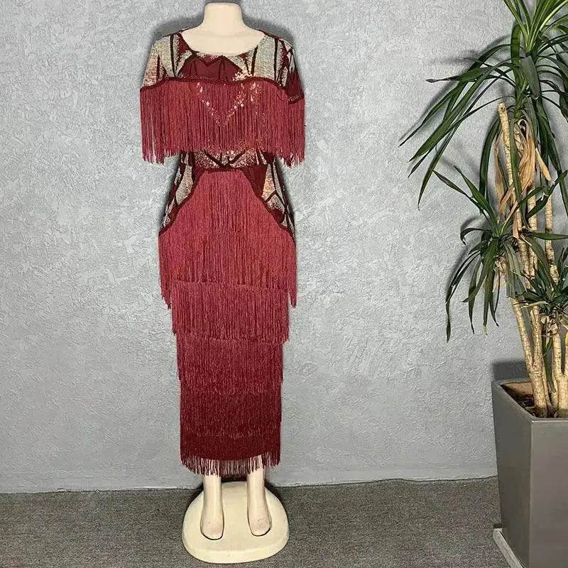 Luxurious Women's Sequined Stretch Fabric Multi-layer Dynamic Tassle Fashion Long Dress for Evening Party Cocktail Wedding Party.