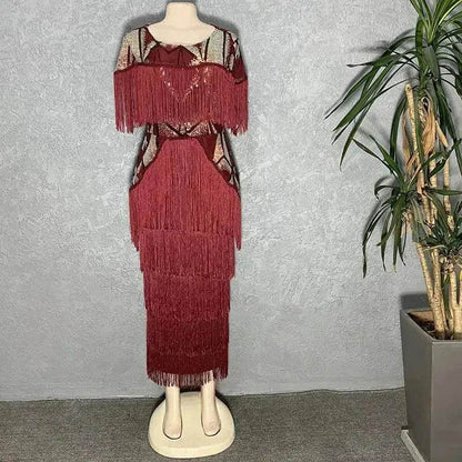 Luxurious Women's Sequined Stretch Fabric Multi-layer Dynamic Tassle Fashion Long Dress for Evening Party Cocktail Wedding Party.