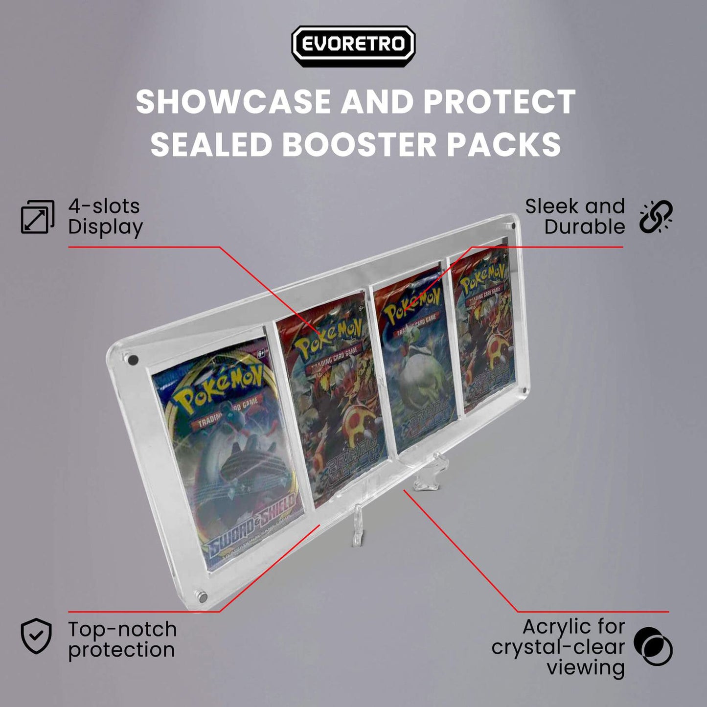 EVORETRO Magnetic Acrylic Booster Pack Display Case 4-Slot