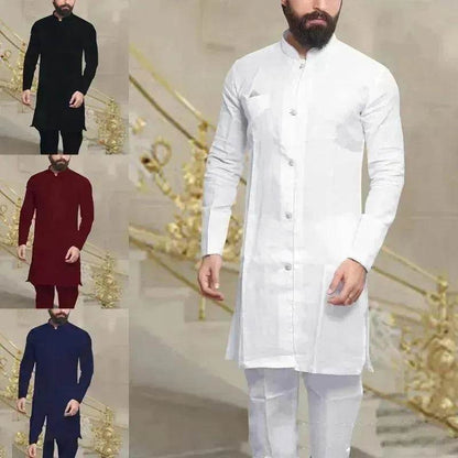 Chemise longue en lin boutonnée pour homme (style arabe/moyen-oriental)