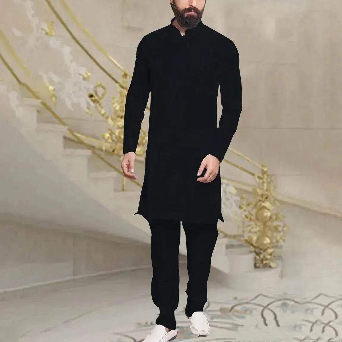 Chemise longue en lin boutonnée pour homme (style arabe/moyen-oriental)