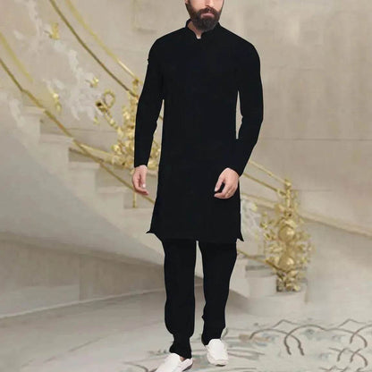 Chemise longue en lin boutonnée pour homme (style arabe/moyen-oriental)