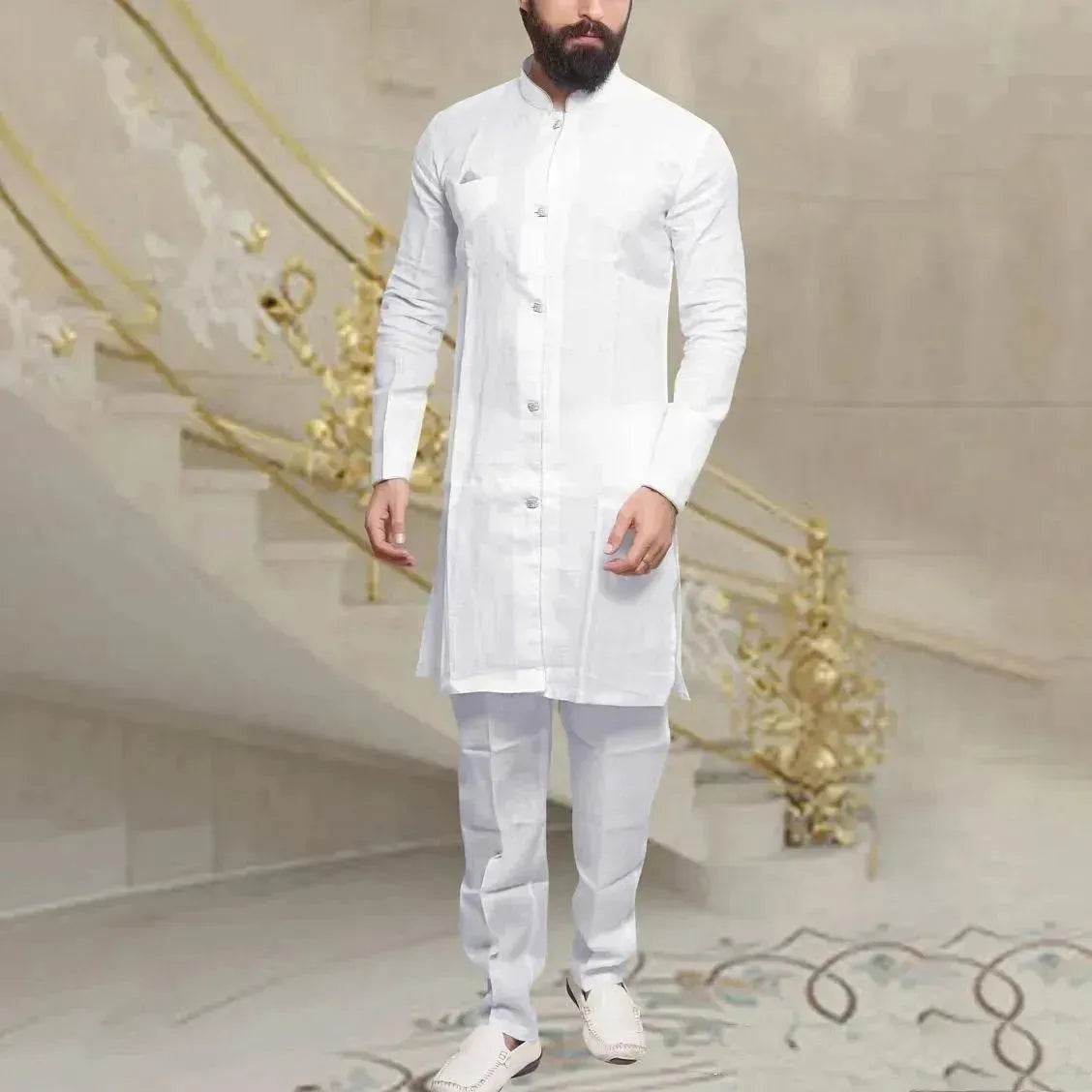 Chemise longue en lin boutonnée pour homme (style arabe/moyen-oriental)