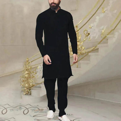 Chemise longue en lin boutonnée pour homme (style arabe/moyen-oriental)