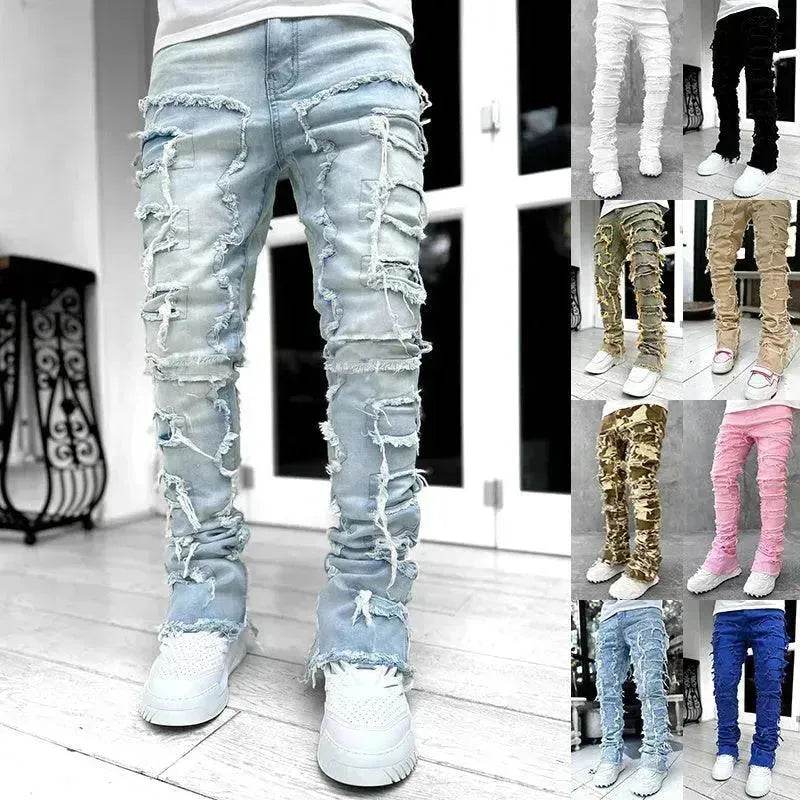 Men Trousers Patched Pants Long Tight Fit Stacked Denim Jeans street fashion