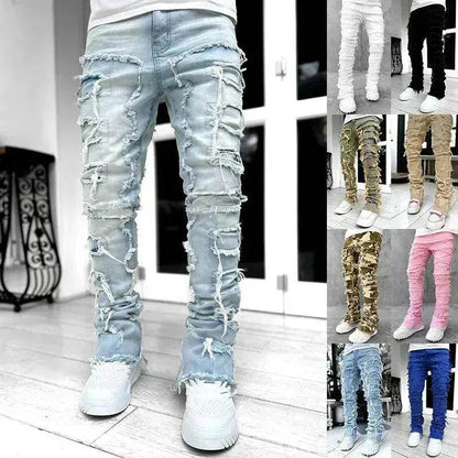 Men Trousers Patched Pants Long Tight Fit Stacked Denim Jeans street fashion