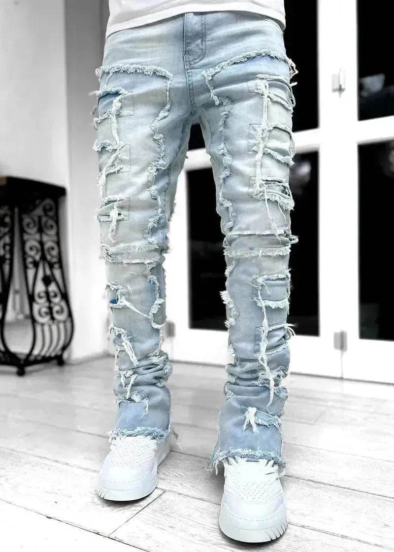 Men Trousers Patched Pants Long Tight Fit Stacked Denim Jeans street fashion