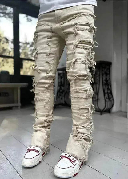 Men Trousers Patched Pants Long Tight Fit Stacked Denim Jeans street fashion