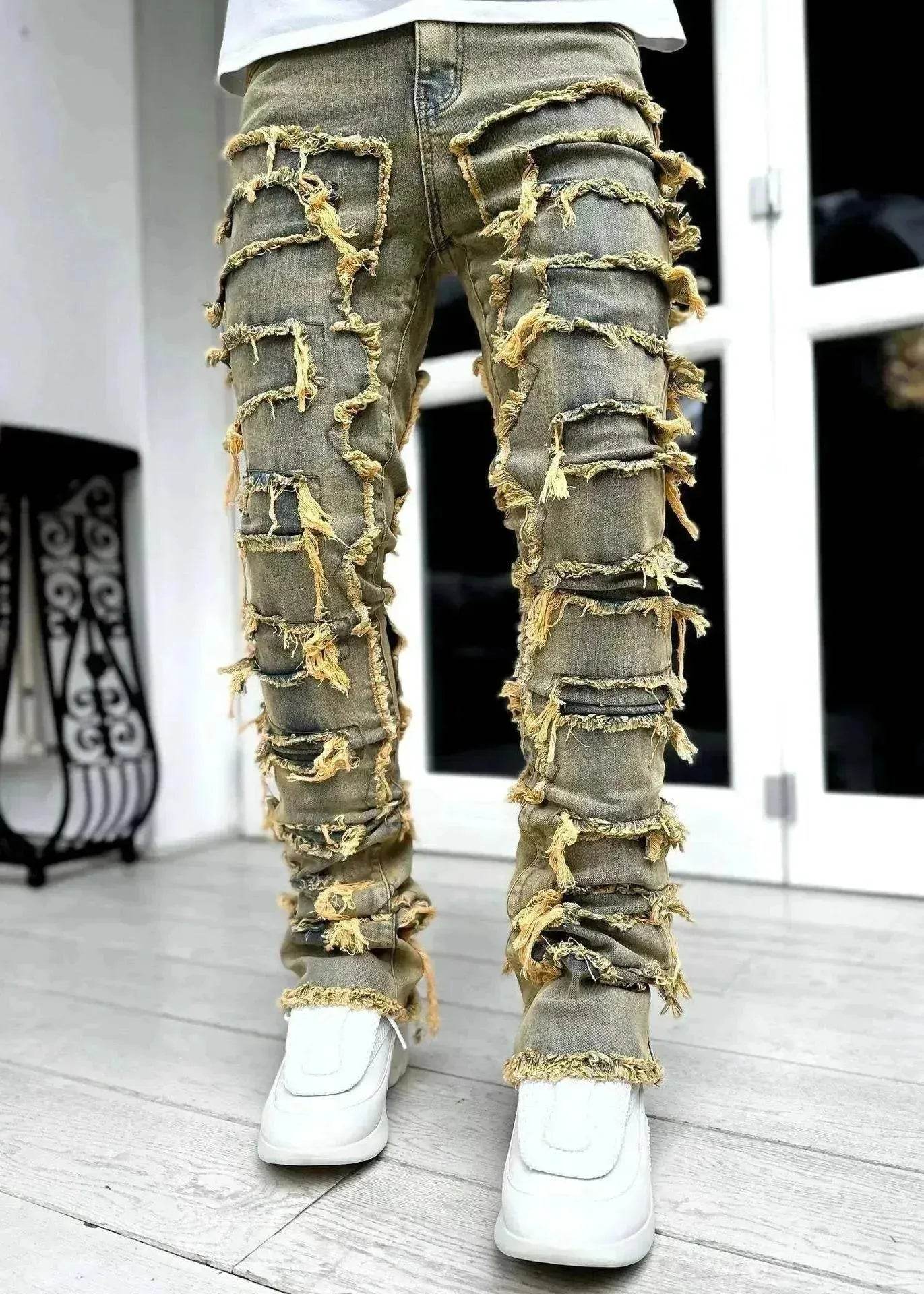 Men Trousers Patched Pants Long Tight Fit Stacked Denim Jeans street fashion