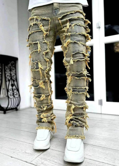 Men Trousers Patched Pants Long Tight Fit Stacked Denim Jeans street fashion