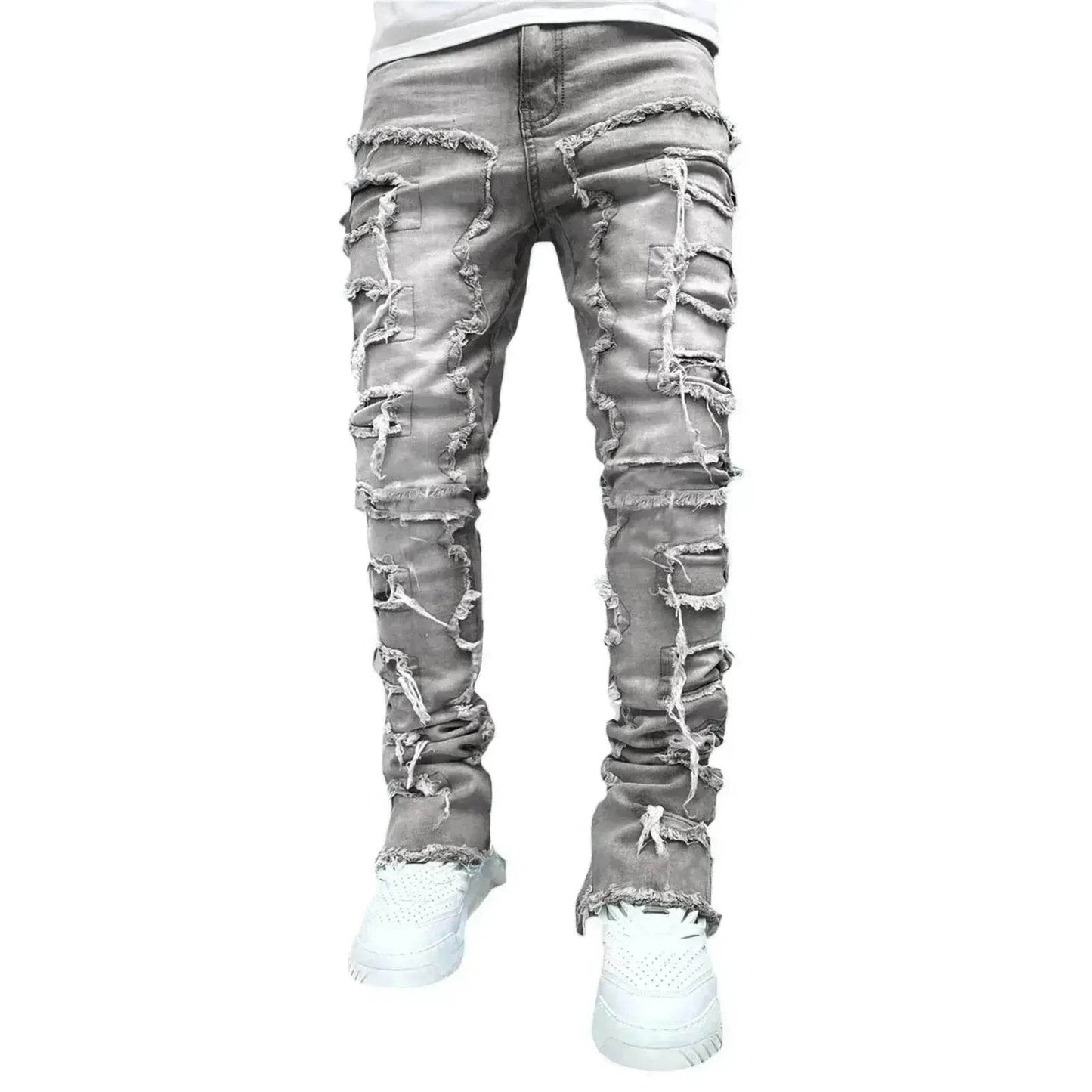 Men Trousers Patched Pants Long Tight Fit Stacked Denim Jeans street fashion