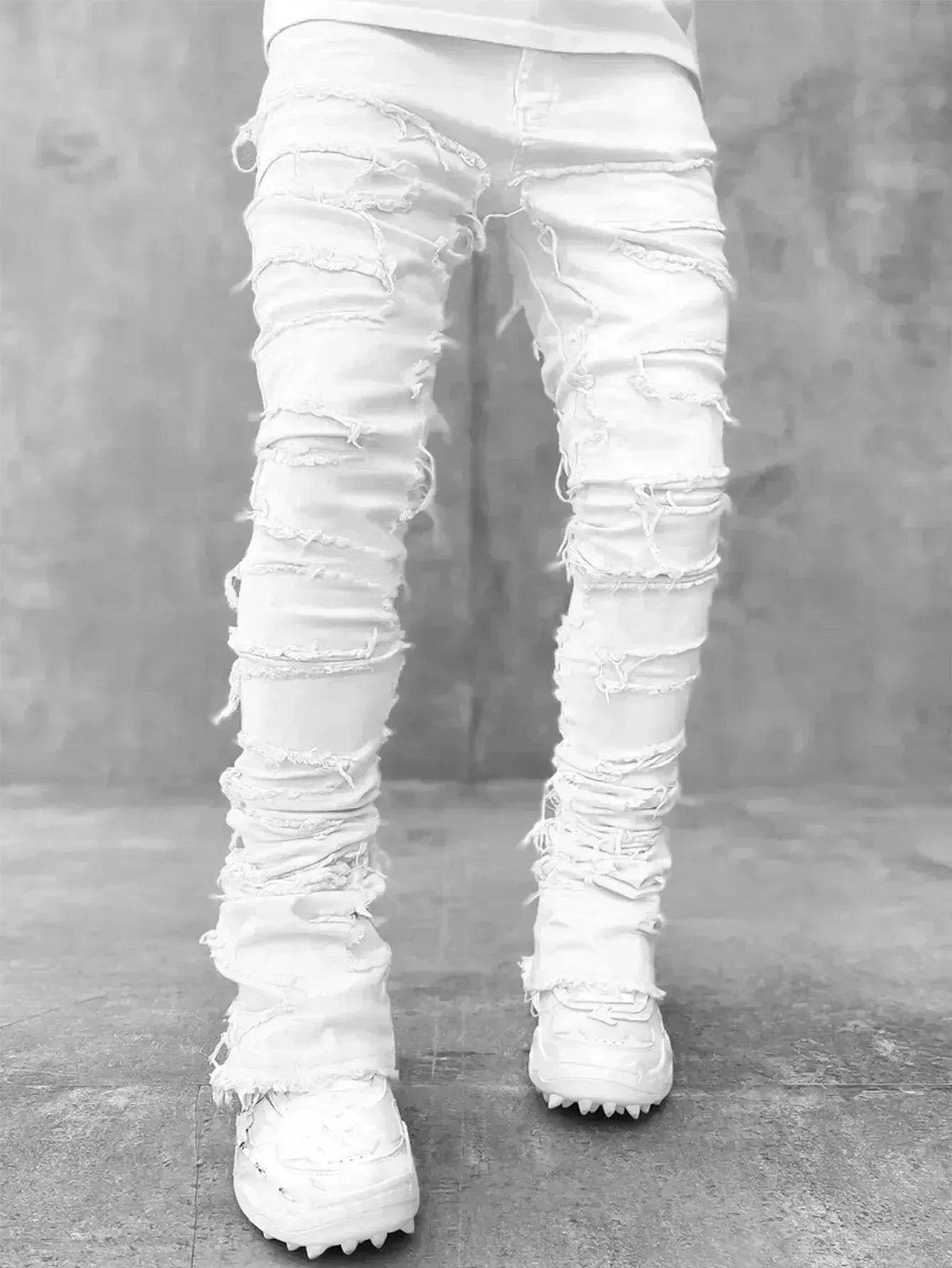 Men Trousers Patched Pants Long Tight Fit Stacked Denim Jeans street fashion