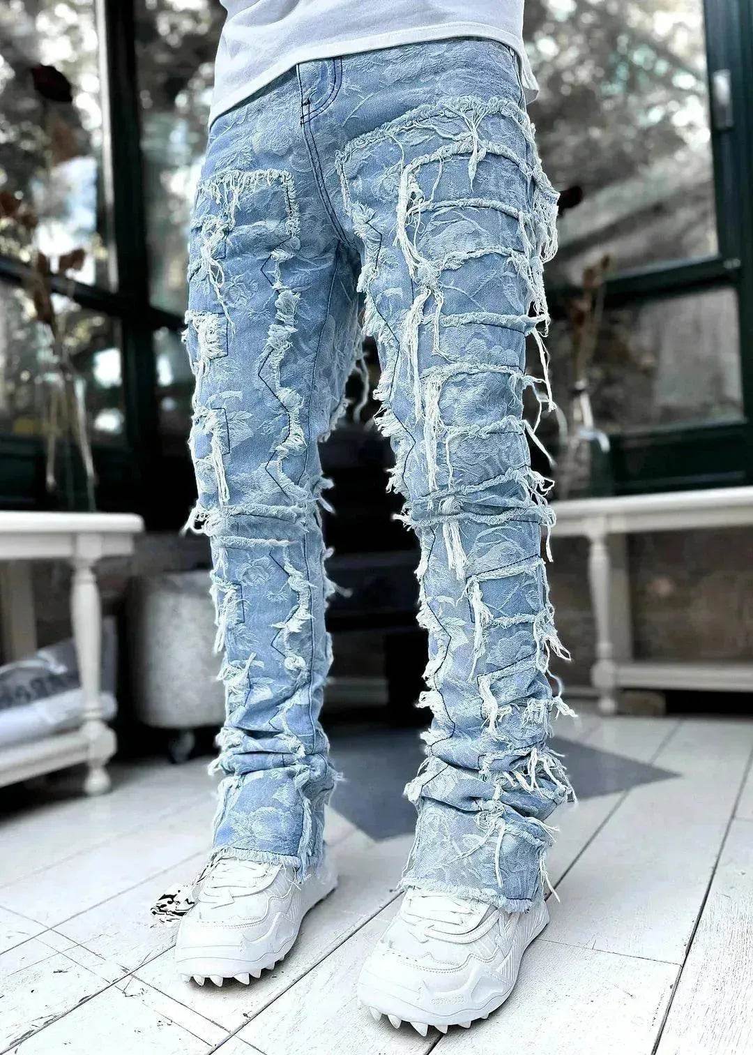 Men Trousers Patched Pants Long Tight Fit Stacked Denim Jeans street fashion