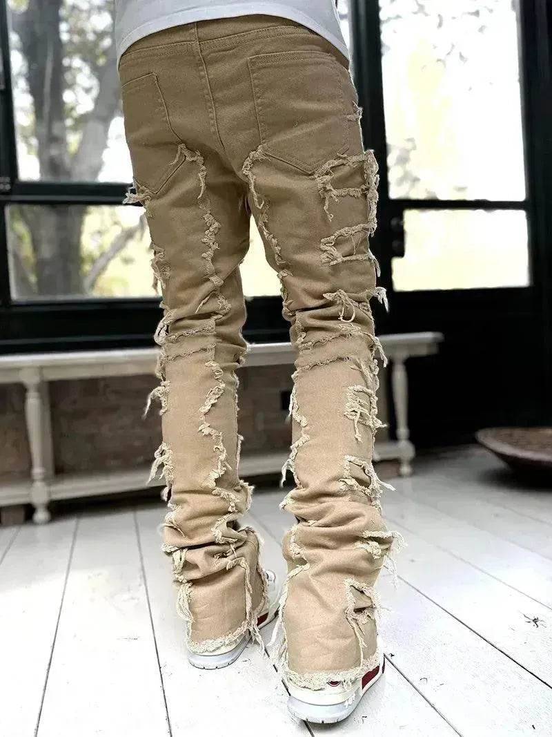 Men Trousers Patched Pants Long Tight Fit Stacked Denim Jeans street fashion