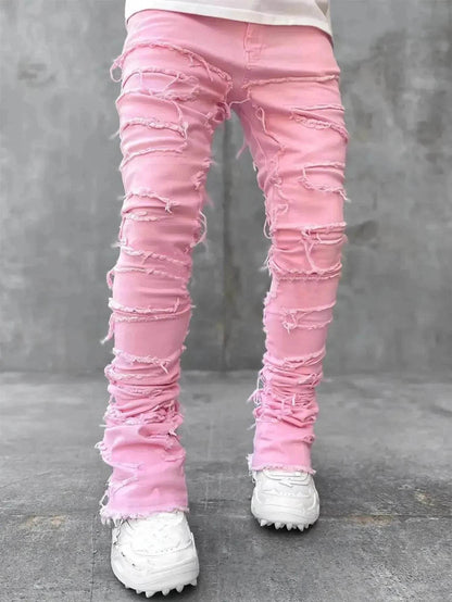 Men Trousers Patched Pants Long Tight Fit Stacked Denim Jeans street fashion