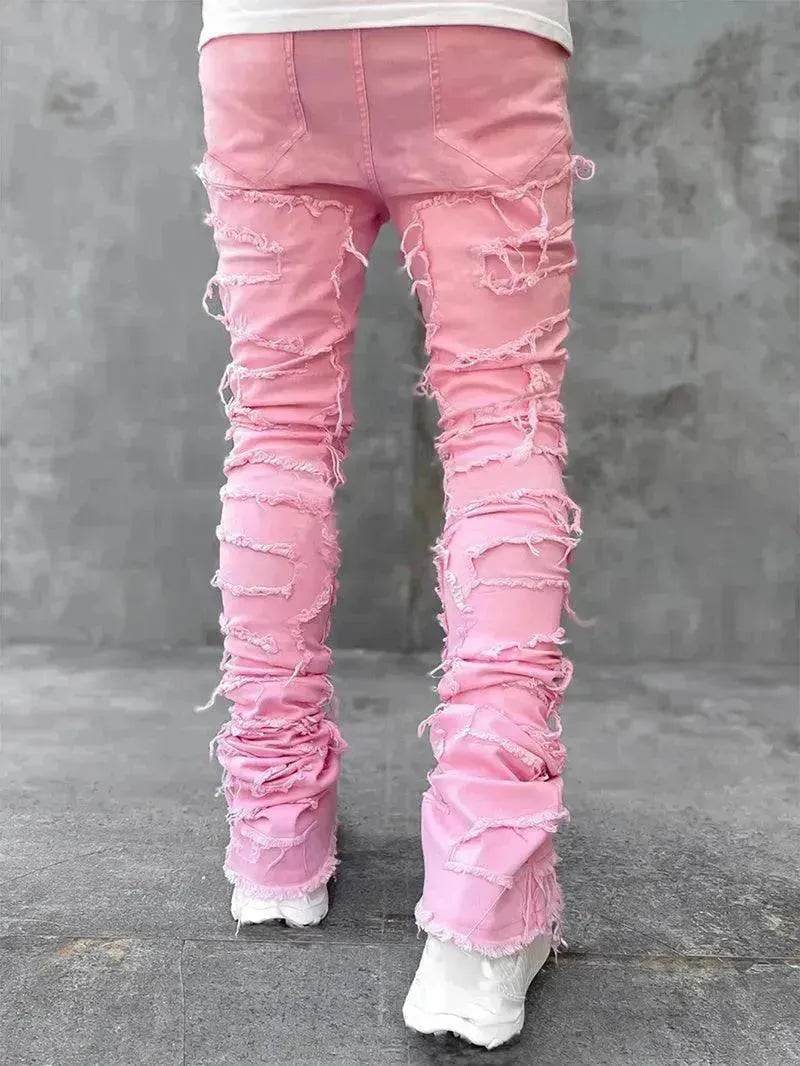 Men Trousers Patched Pants Long Tight Fit Stacked Denim Jeans street fashion