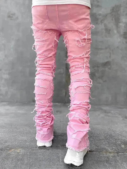 Men Trousers Patched Pants Long Tight Fit Stacked Denim Jeans street fashion