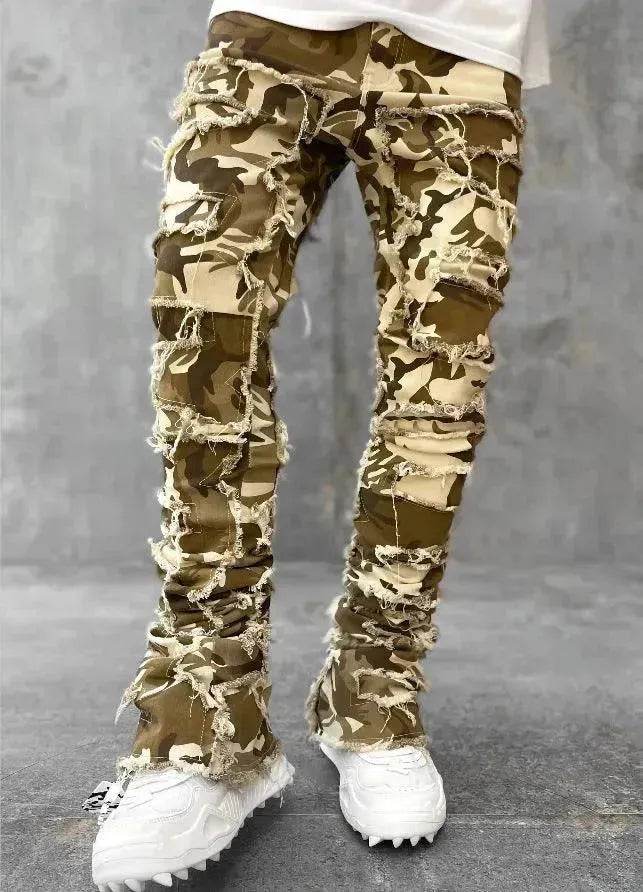 Men Trousers Patched Pants Long Tight Fit Stacked Denim Jeans street fashion