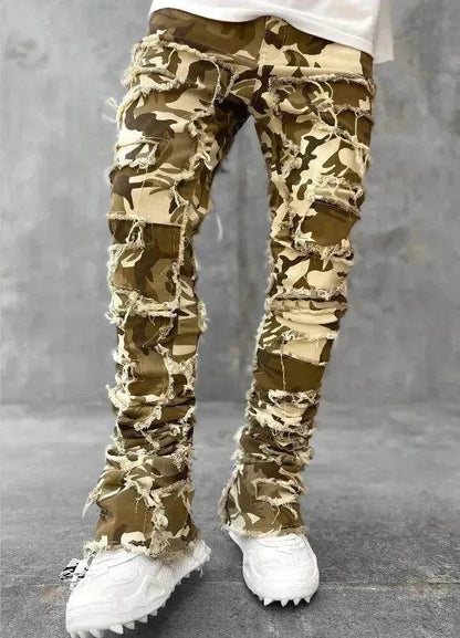 Men Trousers Patched Pants Long Tight Fit Stacked Denim Jeans street fashion