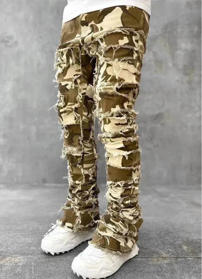 Men Trousers Patched Pants Long Tight Fit Stacked Denim Jeans street fashion