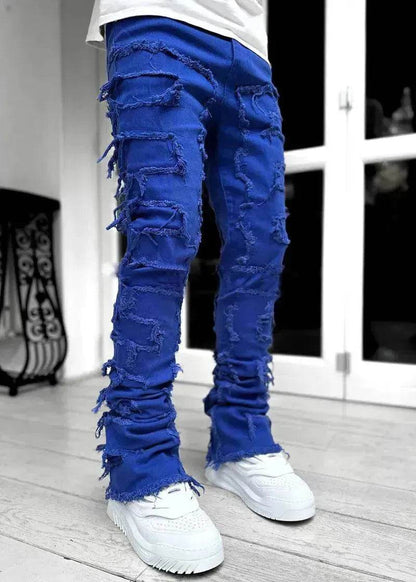 Men Trousers Patched Pants Long Tight Fit Stacked Denim Jeans street fashion