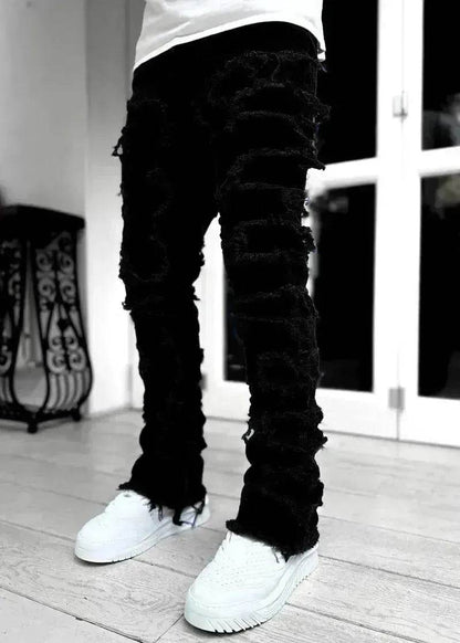 Men Trousers Patched Pants Long Tight Fit Stacked Denim Jeans street fashion