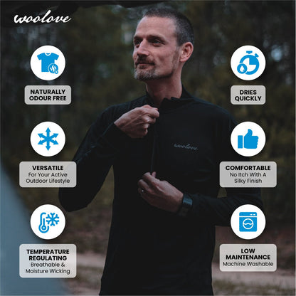 Men's 100% Merino Wool 1/4 Zip Baselayer Pullover 190 GSM - Midweight