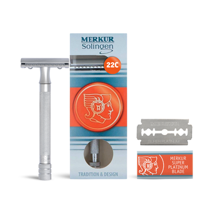 Rasoir de sûreté Merkur 3 pièces, peigne fermé, long manche moleté, chrome mat
