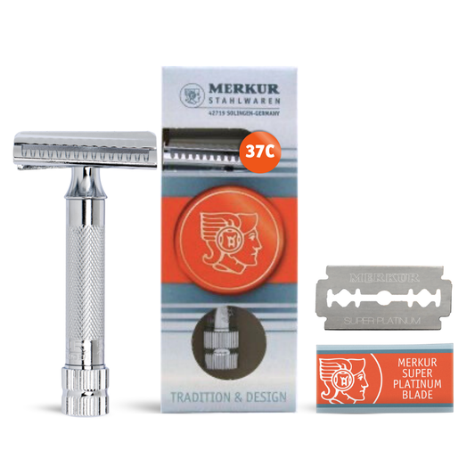 Rasoir de sécurité Merkur 37C deux pièces, peigne incliné (Slantbar), manche moleté extra épais (HD), chromé