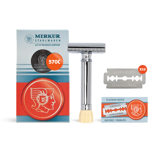 Coffret de rasage Merkur 3 pièces avec rasoir réglable Progress (500001), étui rigide et pack de 10 lames, chromé