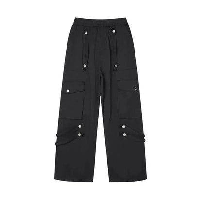 Metal Snap Fastener Detachable Webbing Multi-pocket Wide Leg Straight Overalls