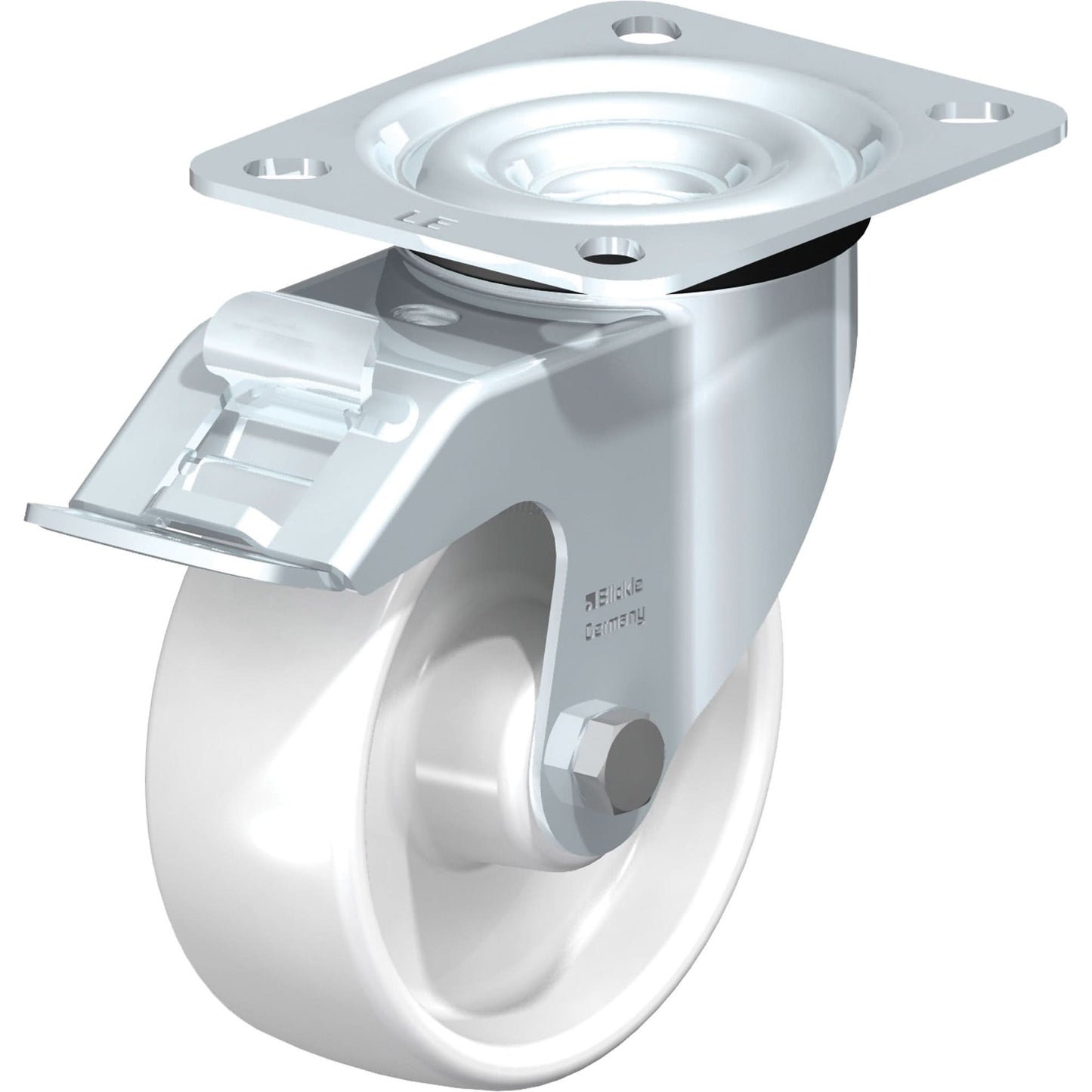 Roulette blanche, pivotante avec frein, 4" (101,6 mm), polyamide, 275 lb (125 kg)