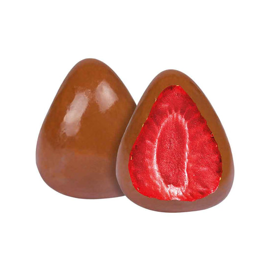Fraises lyophilisées enrobées de chocolat au lait