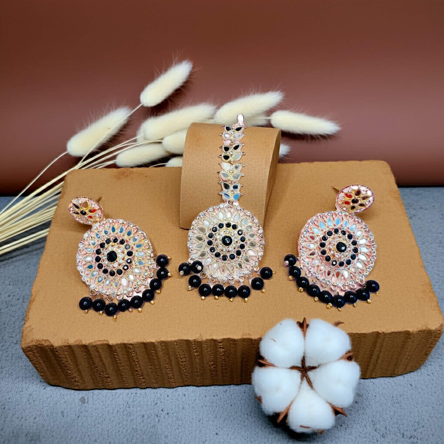 Boucles d'oreilles et ensemble Tikka miroirs fabriqués à la main – Bijoux ethniques