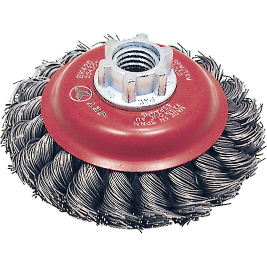 BK420T Knot Twisted Conical Brush, 4" Dia., 0.02" Fill, 5/8"-11 Arbor, Steel