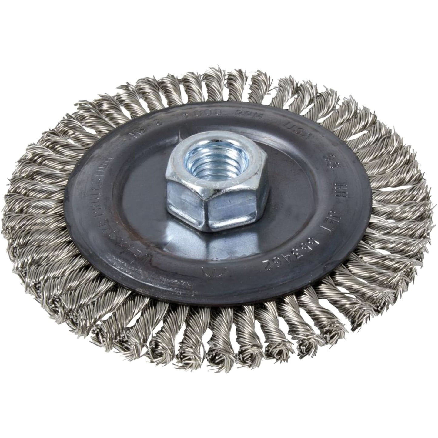 Brosse métallique à cordonnet, 6 po de diamètre, fil de 0,022 po, arbre 5/8"-11