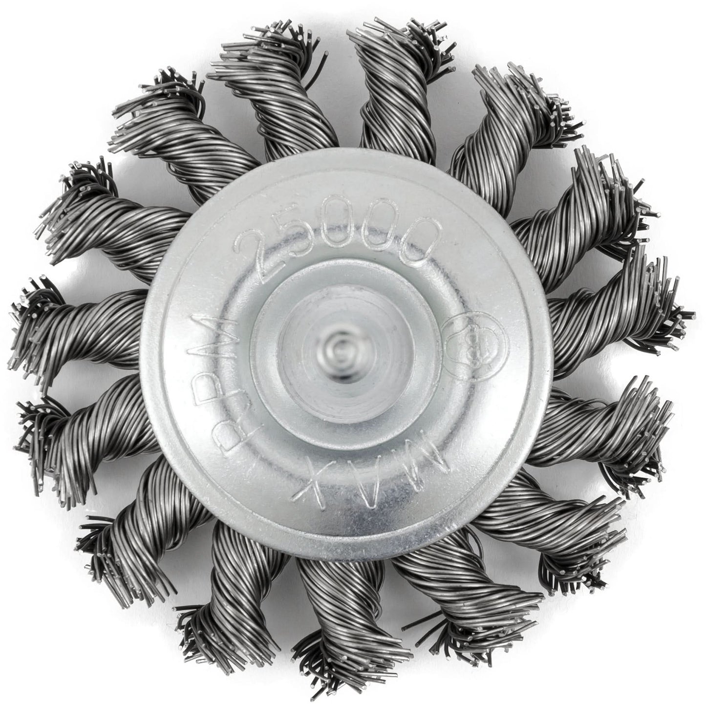 Shaft Mounted Knot Twisted Radial Brush, 3" Dia., 0.02" Fill, 1/4" Arbor, Stainless Steel