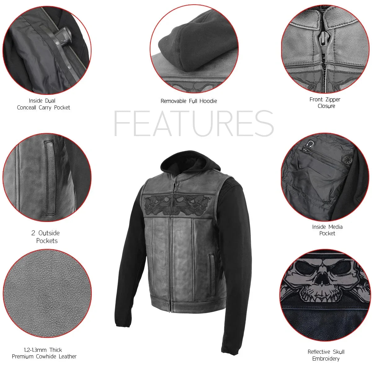 Gilet en cuir noir pour hommes Milwaukee Leather avec crânes réfléchissants et doublure à capuche intégrale