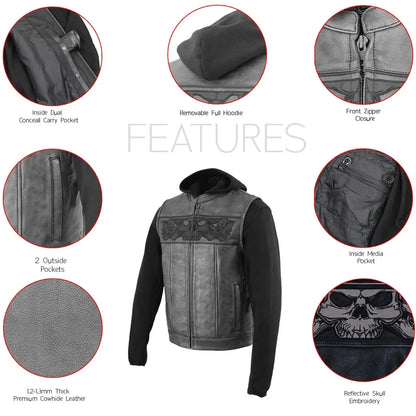 Gilet en cuir noir pour hommes Milwaukee Leather avec crânes réfléchissants et doublure à capuche intégrale