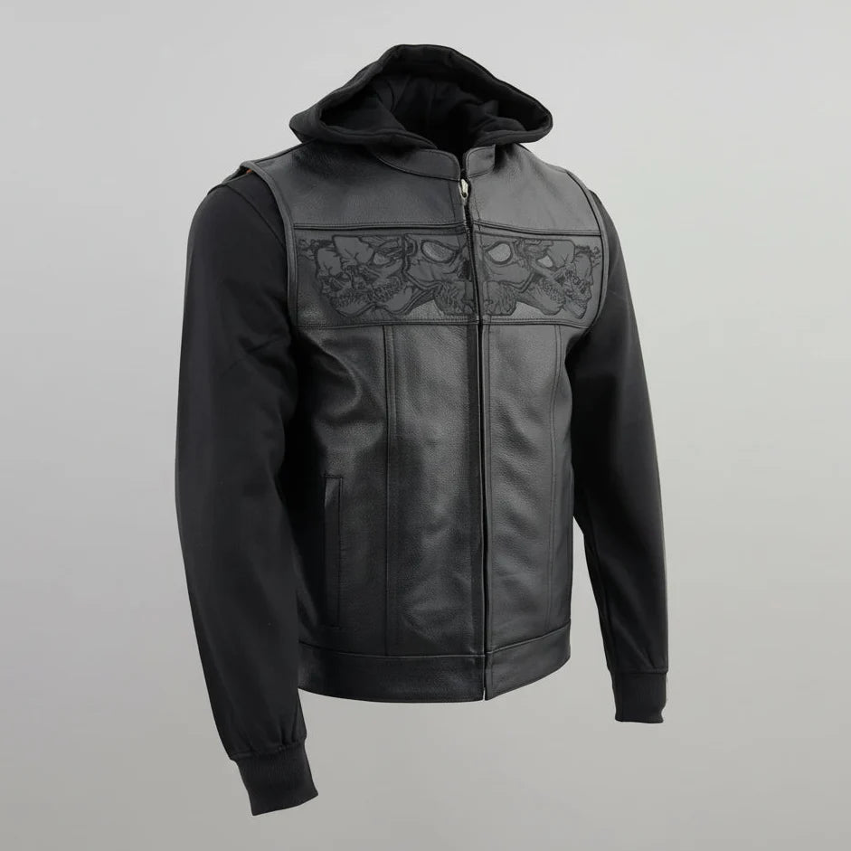 Gilet en cuir noir pour hommes Milwaukee Leather avec crânes réfléchissants et doublure à capuche intégrale