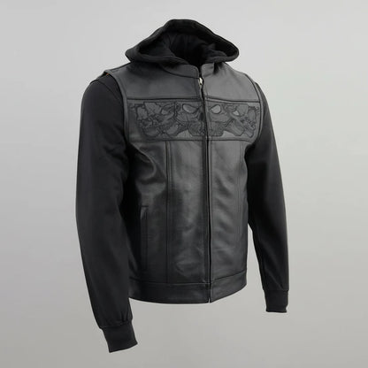 Gilet en cuir noir pour hommes Milwaukee Leather avec crânes réfléchissants et doublure à capuche intégrale