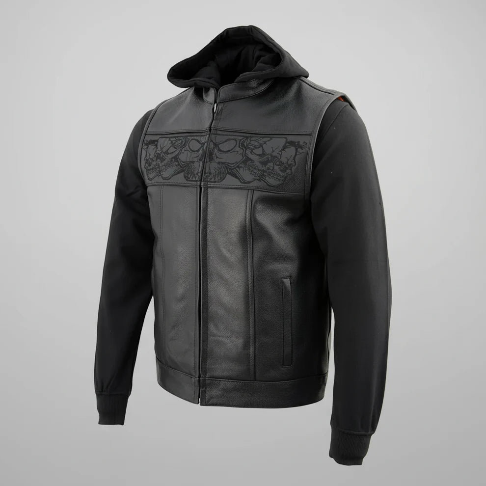 Gilet en cuir noir pour hommes Milwaukee Leather avec crânes réfléchissants et doublure à capuche intégrale