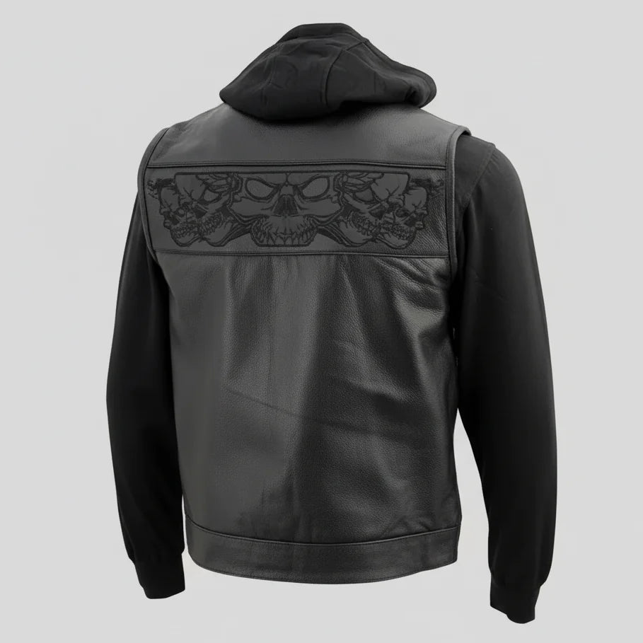 Gilet en cuir noir pour hommes Milwaukee Leather avec crânes réfléchissants et doublure à capuche intégrale