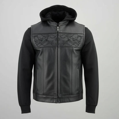 Gilet en cuir noir pour hommes Milwaukee Leather avec crânes réfléchissants et doublure à capuche intégrale