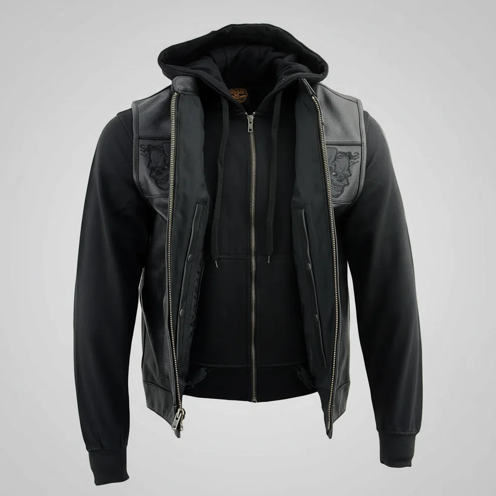 Gilet en cuir noir pour hommes Milwaukee Leather avec crânes réfléchissants et doublure à capuche intégrale