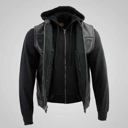 Gilet en cuir noir pour hommes Milwaukee Leather avec crânes réfléchissants et doublure à capuche intégrale