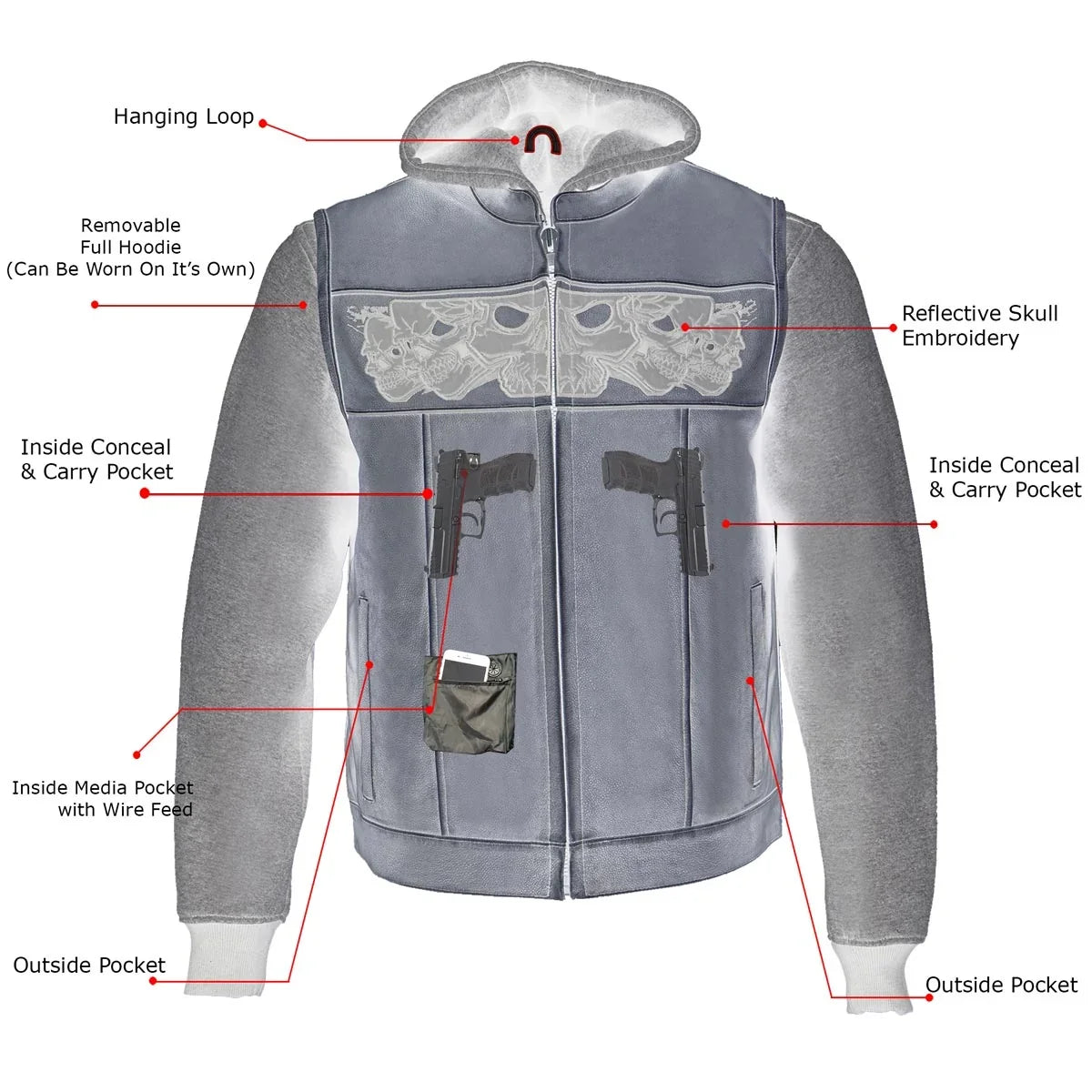 Gilet en cuir noir pour hommes Milwaukee Leather avec crânes réfléchissants et doublure à capuche intégrale