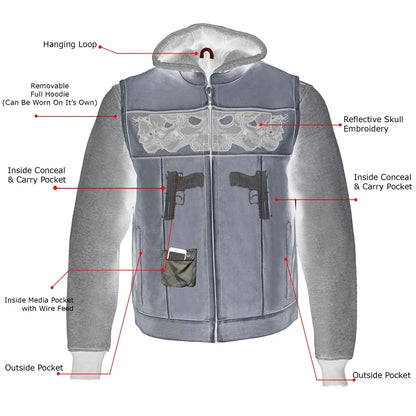 Gilet en cuir noir pour hommes Milwaukee Leather avec crânes réfléchissants et doublure à capuche intégrale