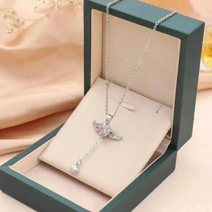 Collier Cœur Cupidon Ailes d'Ange Mobile avec Gland et Chaîne de Clavicule en Cristal, Bijou pour Femme, Cadeau Saint-Valentin